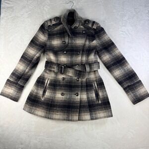 Miss Sixty M60 Plaid Wool Blend Double Breasted Belted Pleated Coat Grey Black M